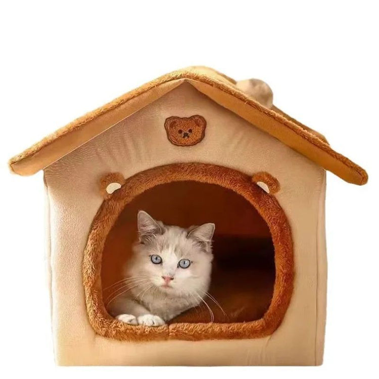 LUXENEST HOME Warm Washable Pet House Bed with a small dog in a cozy, enclosed design for comfort and security.
