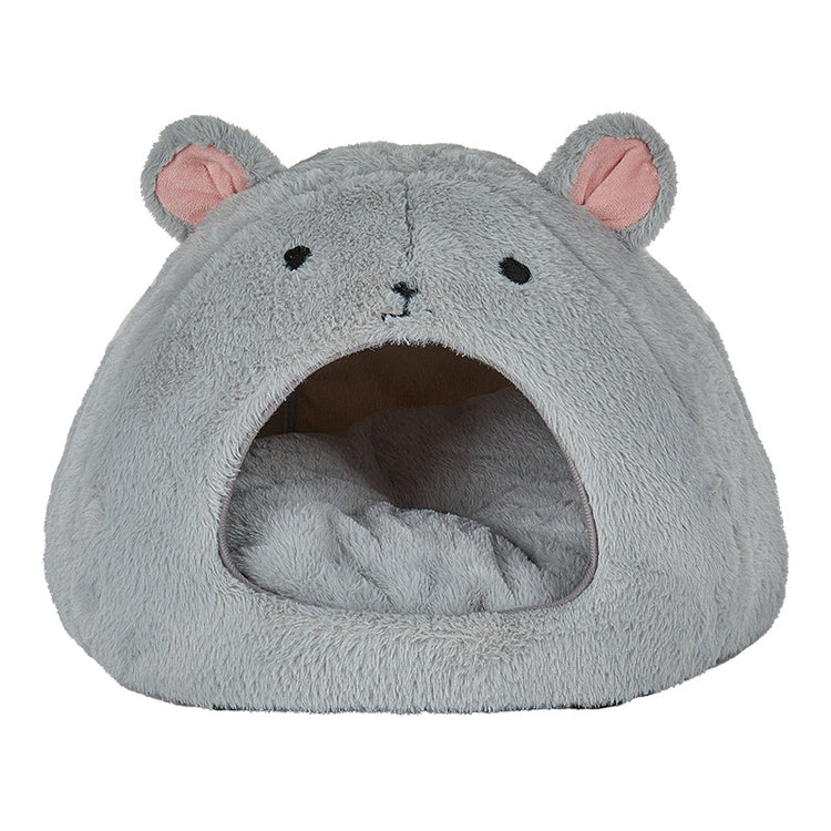 LUXENEST HOME Cartoon Mouse Pet House Bed with a cat lounging inside its cozy, plush design.
