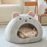 LUXENEST HOME Cartoon Mouse Pet House Bed with a cat lounging inside its cozy, plush design.