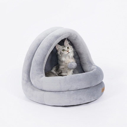 LUXENEST HOME Premium Cat House Sofa Bed with a cozy cat resting inside it, featuring soft plush fabric.