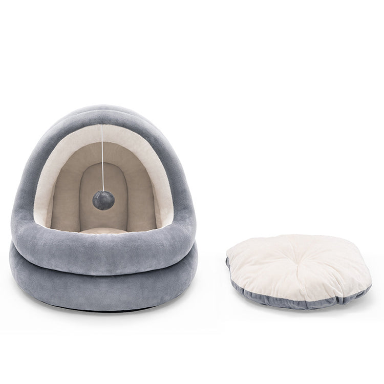 LUXENEST HOME Premium Cat House Sofa Bed with a cozy cat resting inside it, featuring soft plush fabric.
