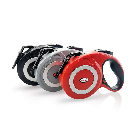 LUXENEST HOME retractable leash for large dogs in black, gray, and red colors.