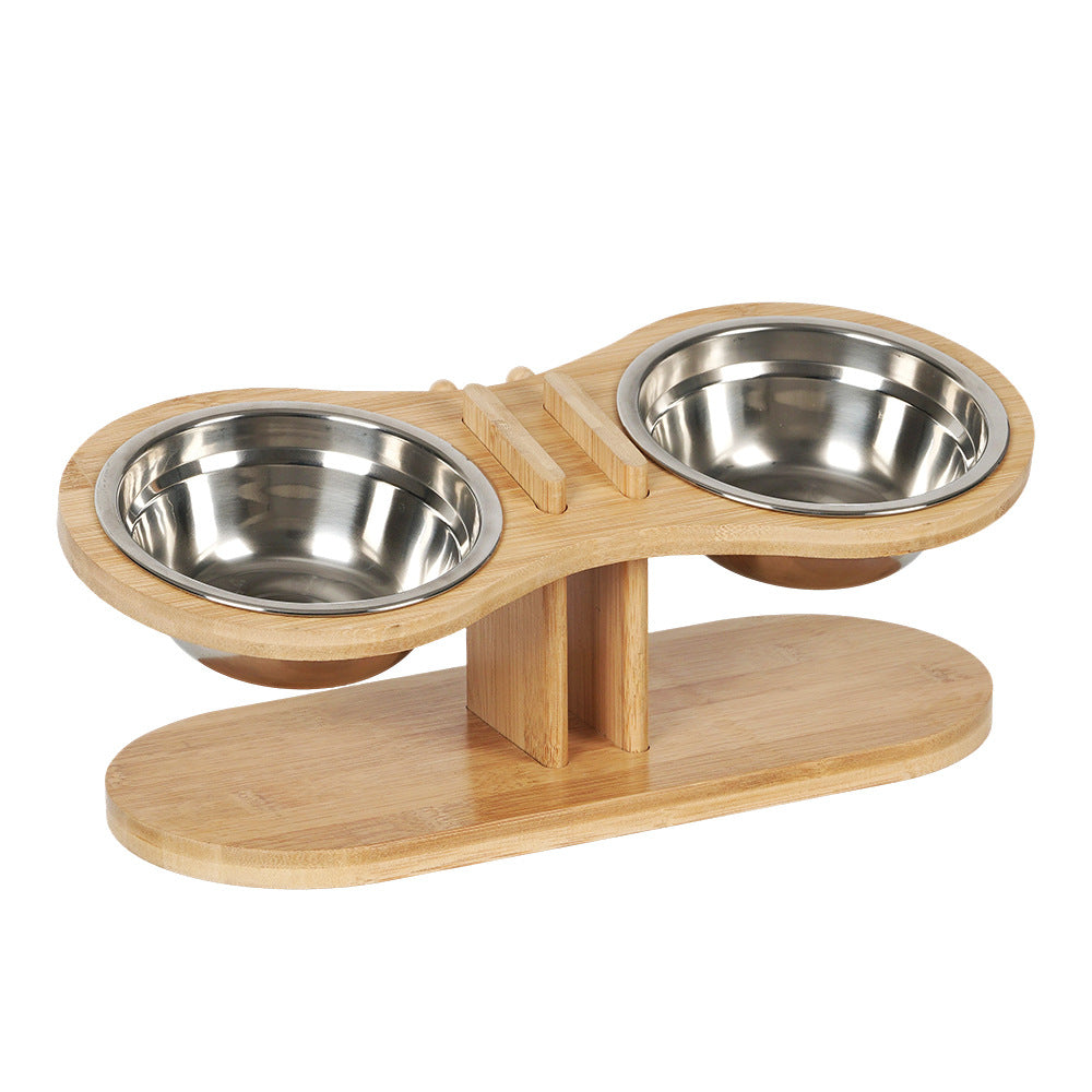 LUXENEST HOME Adjustable Tilted Pet Feeding Stand with bowls on a wooden base and a cat nearby.