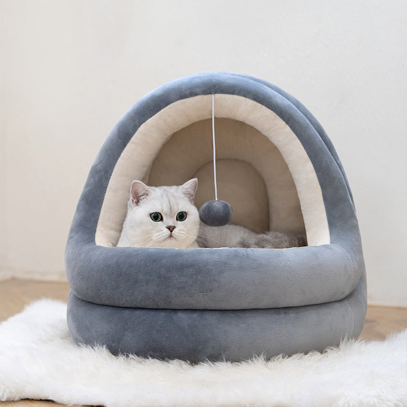 LUXENEST HOME Premium Cat House Sofa Bed with a cozy cat resting inside it, featuring soft plush fabric.