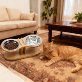 LUXENEST HOME Adjustable Tilted Pet Feeding Stand with bowls on a wooden base and a cat nearby.
