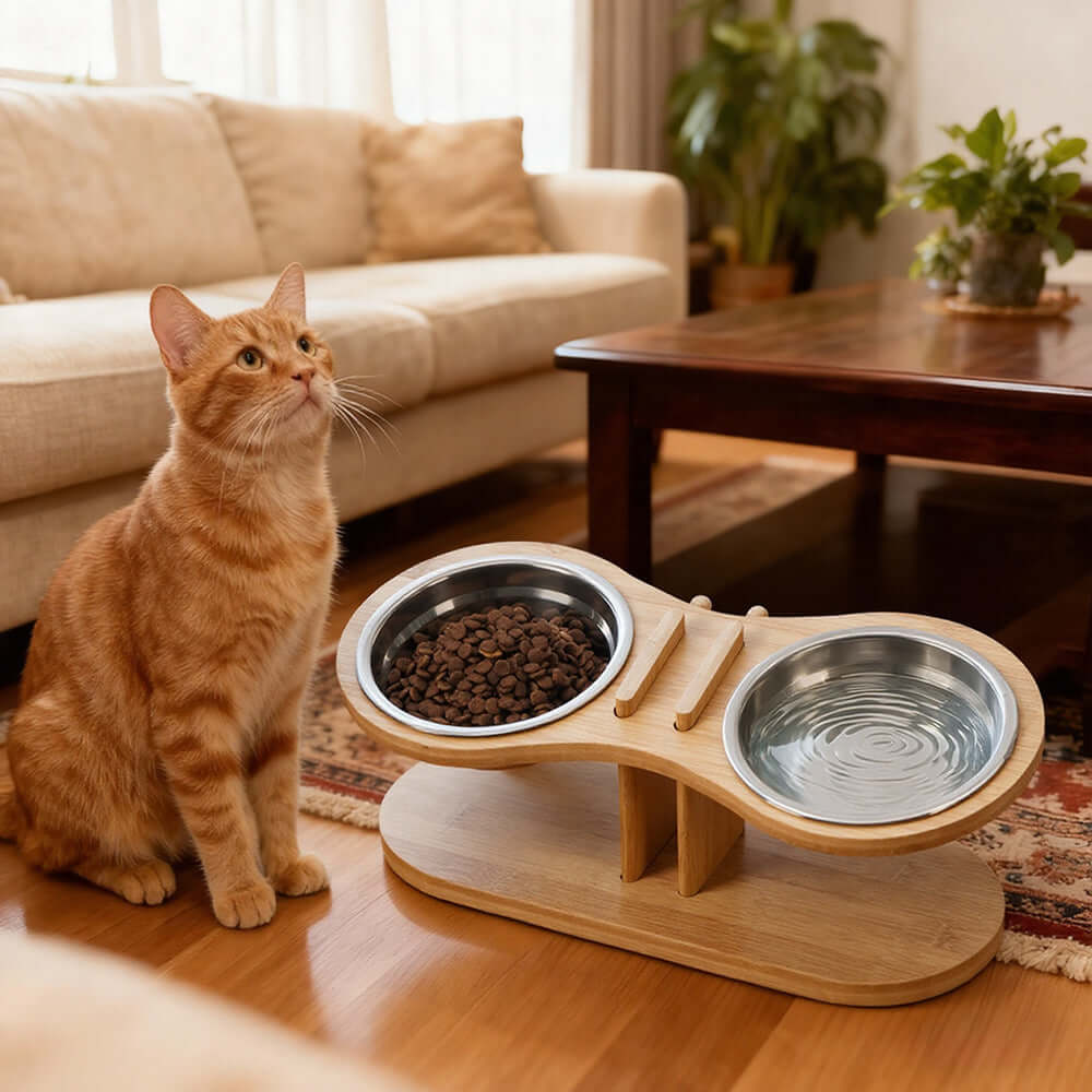 LUXENEST HOME Adjustable Tilted Pet Feeding Stand with bowls on a wooden base and a cat nearby.