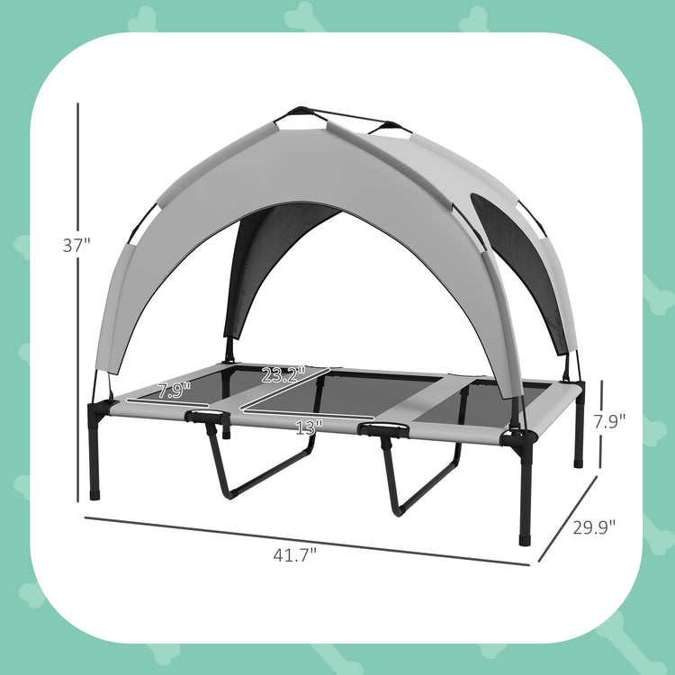 LUXENEST HOME Elevated Dog Bed with Canopy providing shade and comfort for a happy golden retriever outdoors.