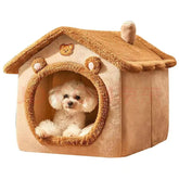 LUXENEST HOME Warm Washable Pet House Bed with a small dog in a cozy, enclosed design for comfort and security.
