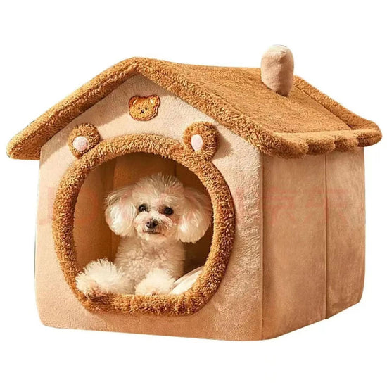 LUXENEST HOME Warm Washable Pet House Bed with a small dog in a cozy, enclosed design for comfort and security.