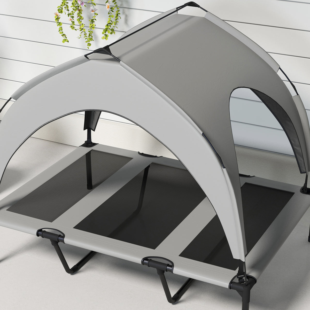 LUXENEST HOME Elevated Dog Bed with Canopy providing shade and comfort for a happy golden retriever outdoors.