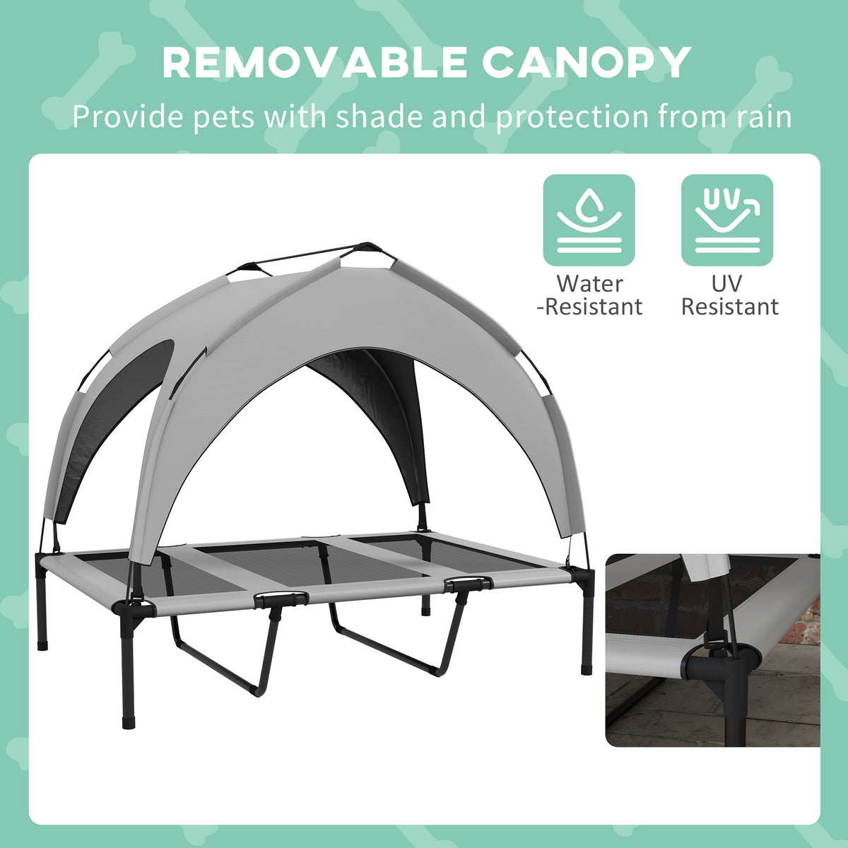 LUXENEST HOME Elevated Dog Bed with Canopy providing shade and comfort for a happy golden retriever outdoors.
