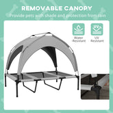 LUXENEST HOME Elevated Dog Bed with Canopy providing shade and comfort for a happy golden retriever outdoors.