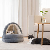 LUXENEST HOME Premium Cat House Sofa Bed with a cozy cat resting inside it, featuring soft plush fabric.