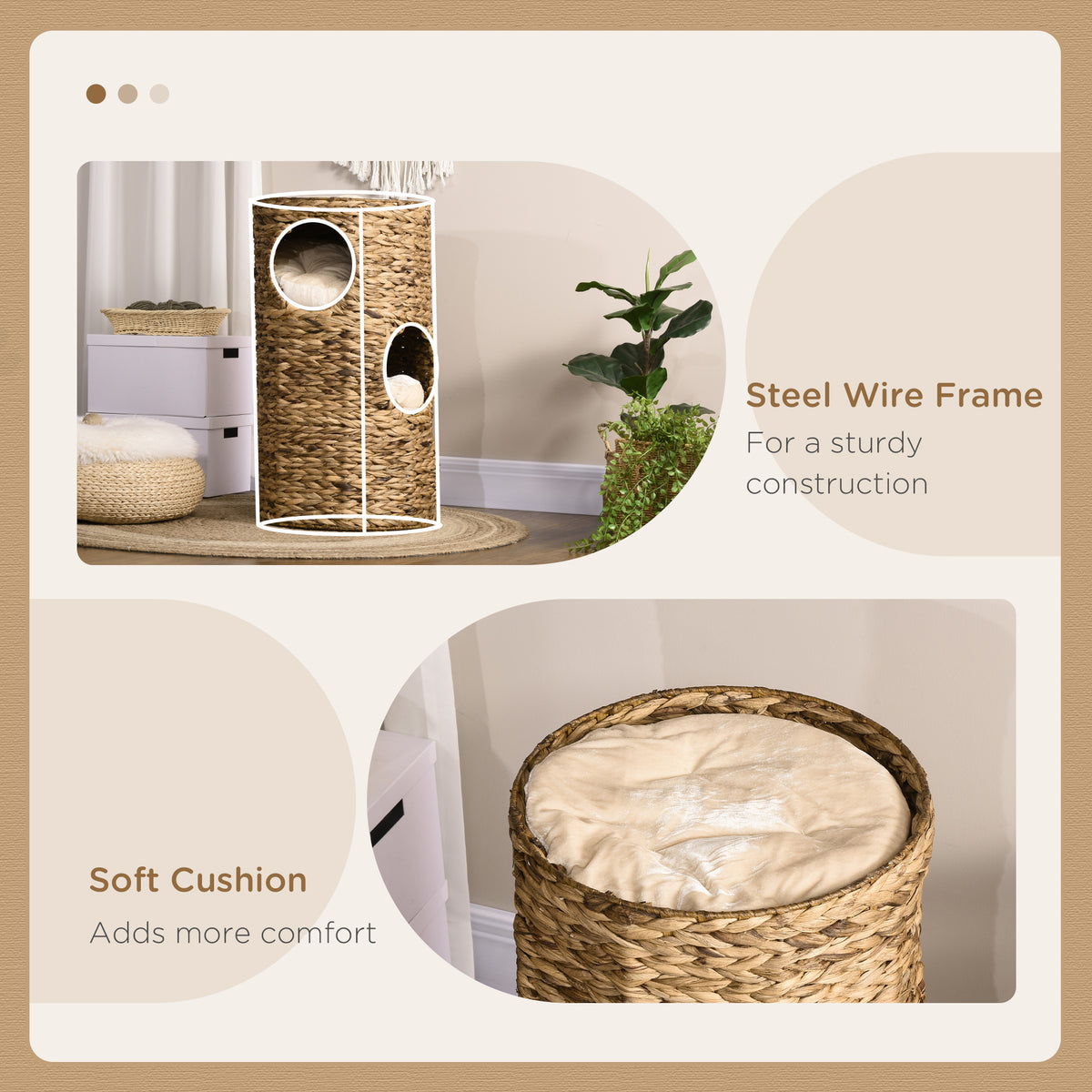 LUXENEST HOME 3-Story Elevated Cat Tower Bed with cozy hideaway caves and a playful cat inside.