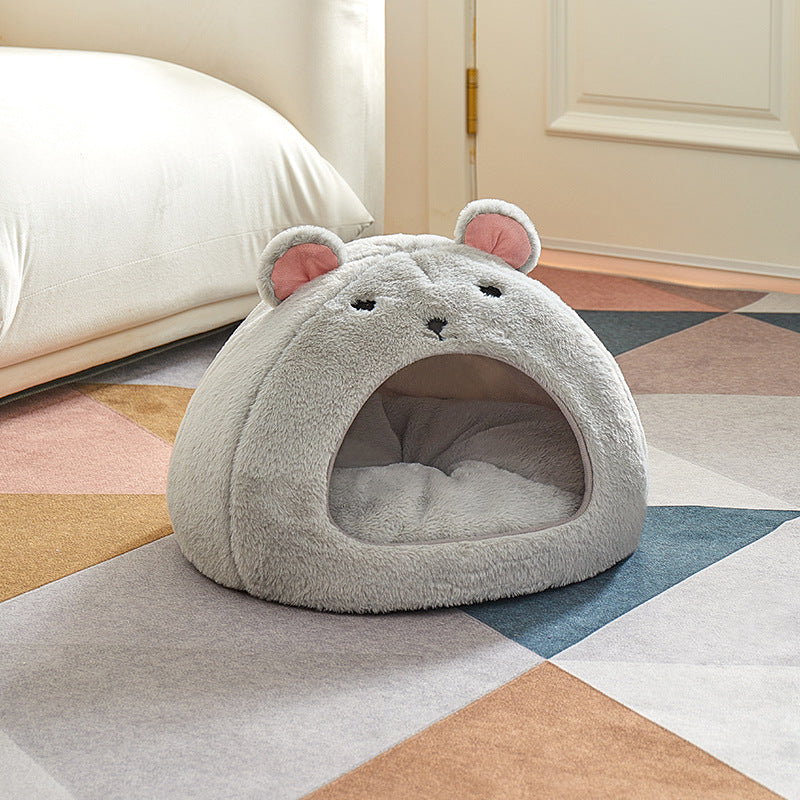 LUXENEST HOME Cartoon Mouse Pet House Bed with a cat lounging inside its cozy, plush design.