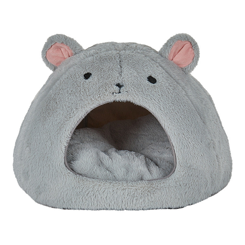 LUXENEST HOME Cartoon Mouse Pet House Bed with a cat lounging inside its cozy, plush design.
