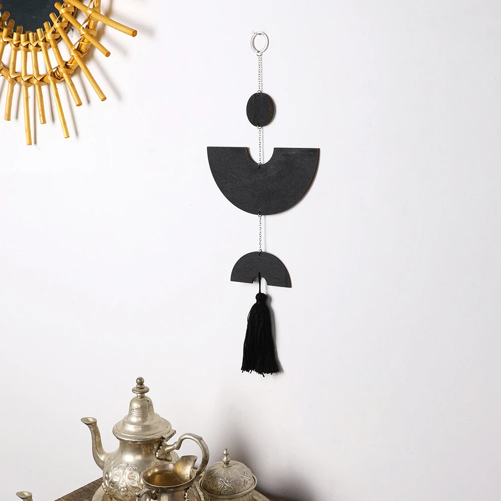Boho Room Decor Black Wall Art Wood Dream Catcher Geometric Farmhouse Tassel Macrame Wall Hanging Bedroom Rustic Decor for Home