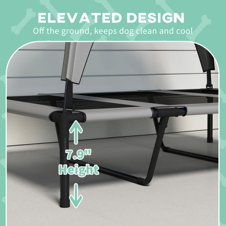 LUXENEST HOME Elevated Dog Bed with Canopy providing shade and comfort for a happy golden retriever outdoors.