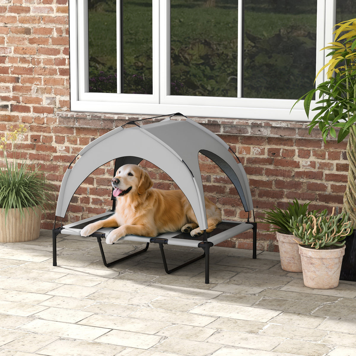 LUXENEST HOME Elevated Dog Bed with Canopy providing shade and comfort for a happy golden retriever outdoors.
