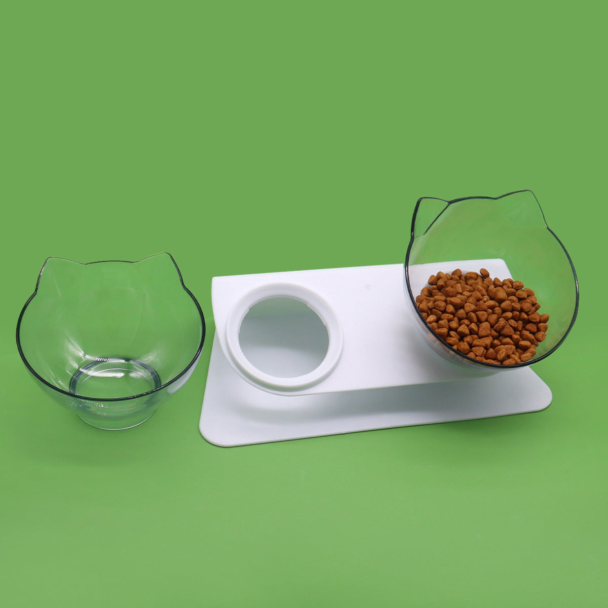 LUXENEST HOME Kitten Cervical Support Feeding Bowl with two bowls filled with pet food on a green background.