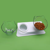LUXENEST HOME Kitten Cervical Support Feeding Bowl with two bowls filled with pet food on a green background.