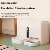 LUXENEST HOME Intelligent Pet Feeder and Waterer, white design with food bowl and water dispenser, convenient pet care solution.