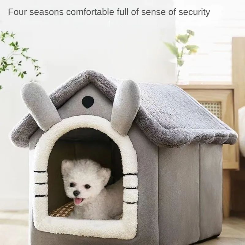 LUXENEST HOME Warm Washable Pet House Bed with a small dog in a cozy, enclosed design for comfort and security.