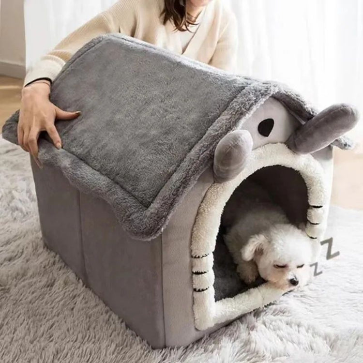 LUXENEST HOME Warm Washable Pet House Bed with a small dog in a cozy, enclosed design for comfort and security.