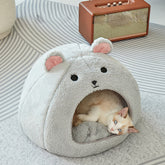 LUXENEST HOME Cartoon Mouse Pet House Bed with a cat lounging inside its cozy, plush design.