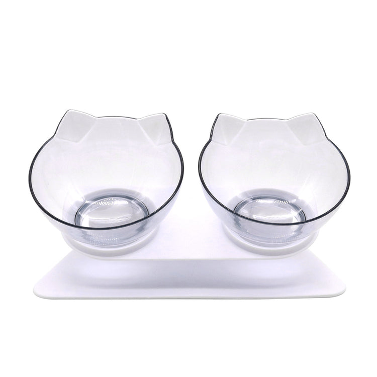 LUXENEST HOME Kitten Cervical Support Feeding Bowl with two bowls filled with pet food on a green background.