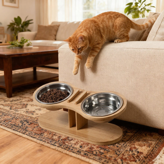 LUXENEST HOME Adjustable Tilted Pet Feeding Stand with bowls on a wooden base and a cat nearby.