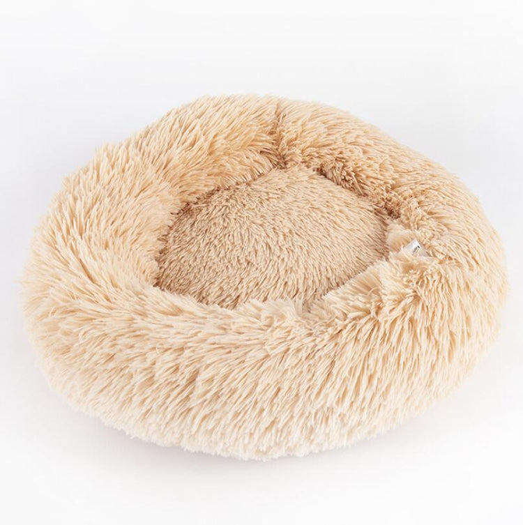 LUXENEST HOME Round Plush Dog & Cat Bed Nest with a cat lounging comfortably in a soft, cozy bed.