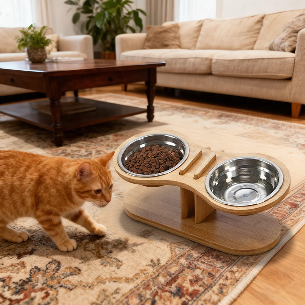LUXENEST HOME Adjustable Tilted Pet Feeding Stand with bowls on a wooden base and a cat nearby.
