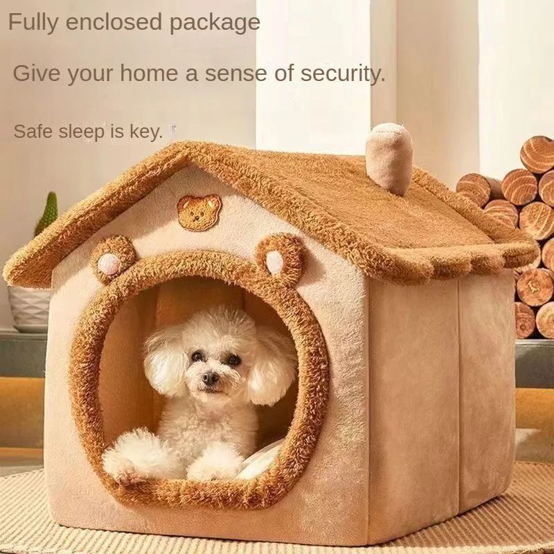 LUXENEST HOME Warm Washable Pet House Bed with a small dog in a cozy, enclosed design for comfort and security.