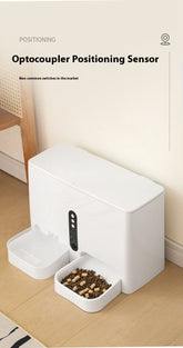 LUXENEST HOME Intelligent Pet Feeder and Waterer, white design with food bowl and water dispenser, convenient pet care solution.