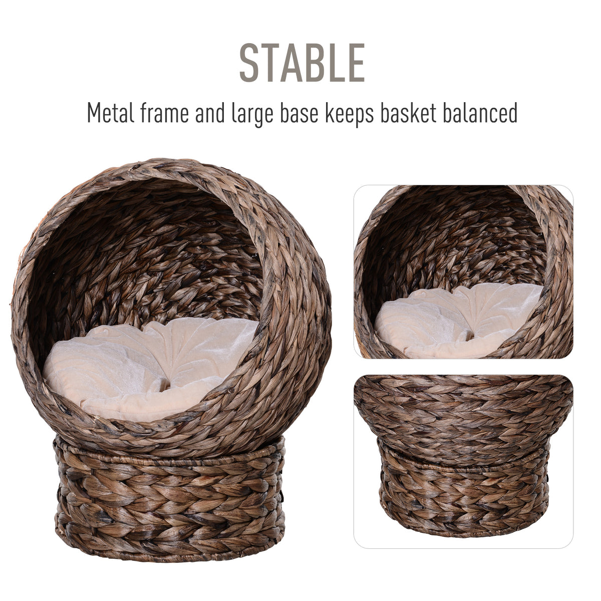LUXENEST HOME Handwoven Wicker Cat Egg Chair with a soft cushion and a white cat lounging inside.